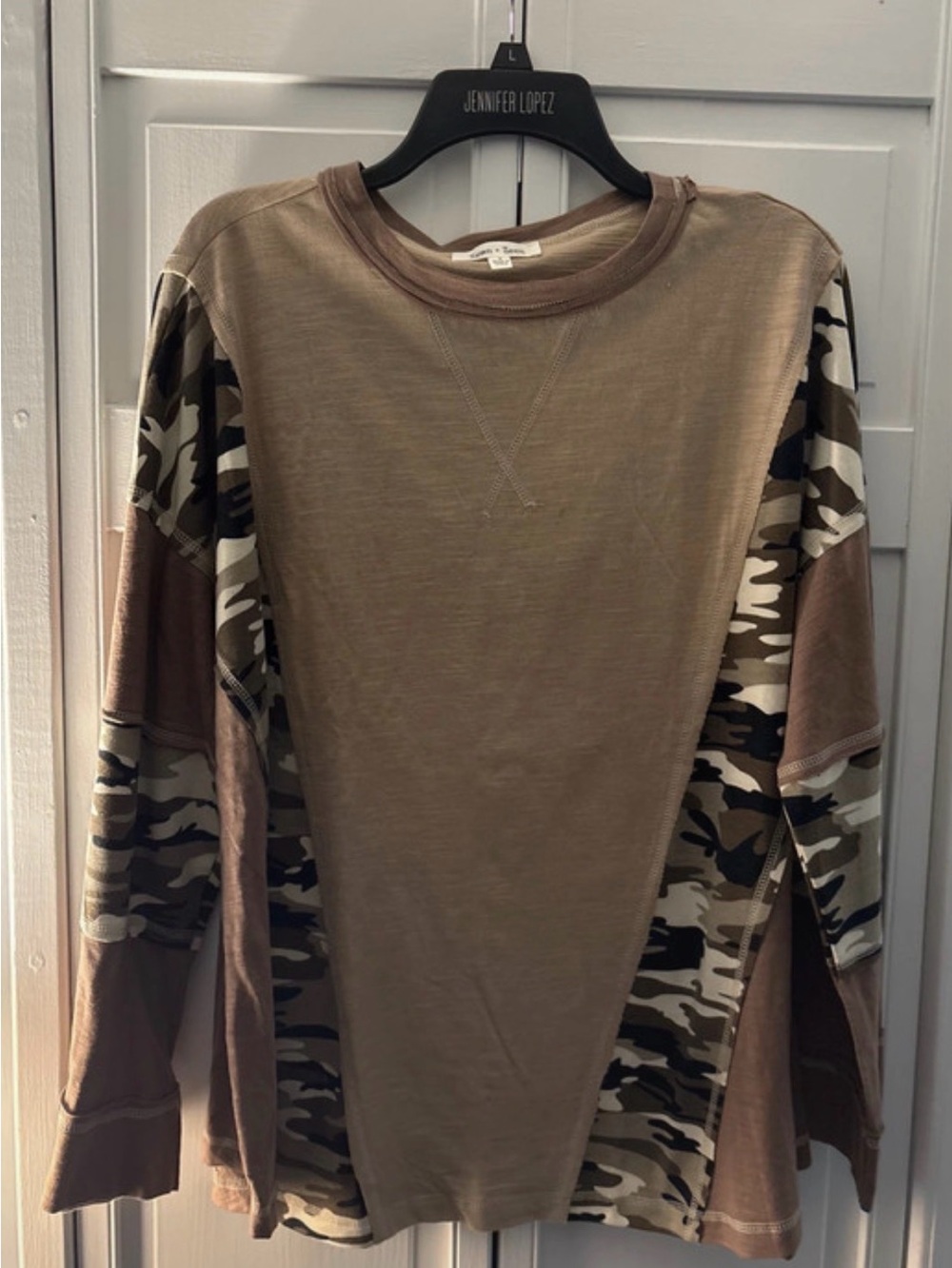 Women’s Sewn + Seen Size Small Taupe and Camo Oversized Top
